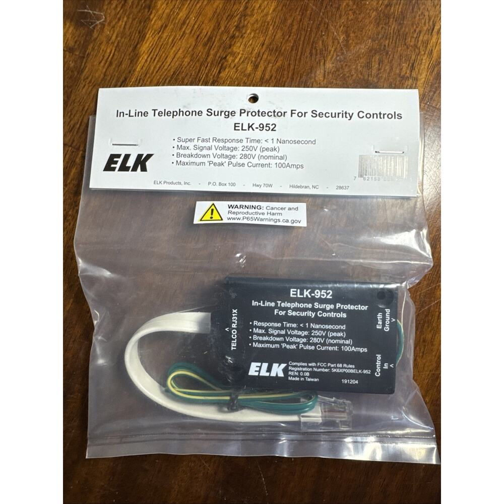 ELK-952 In-line Telephone Surge Protector For Security Controls, New